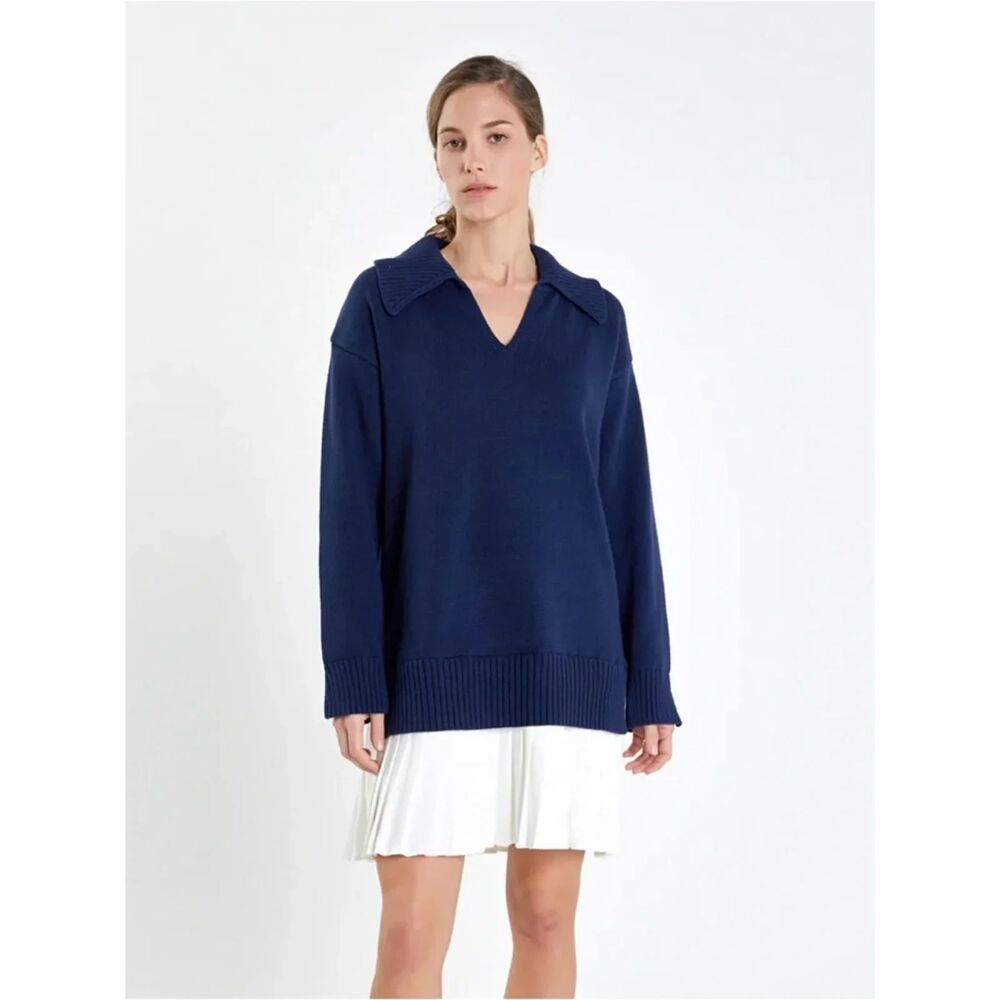 Anthroplogie English Factory Mixed Media Polo Sweater Dress Navy White Pleated S